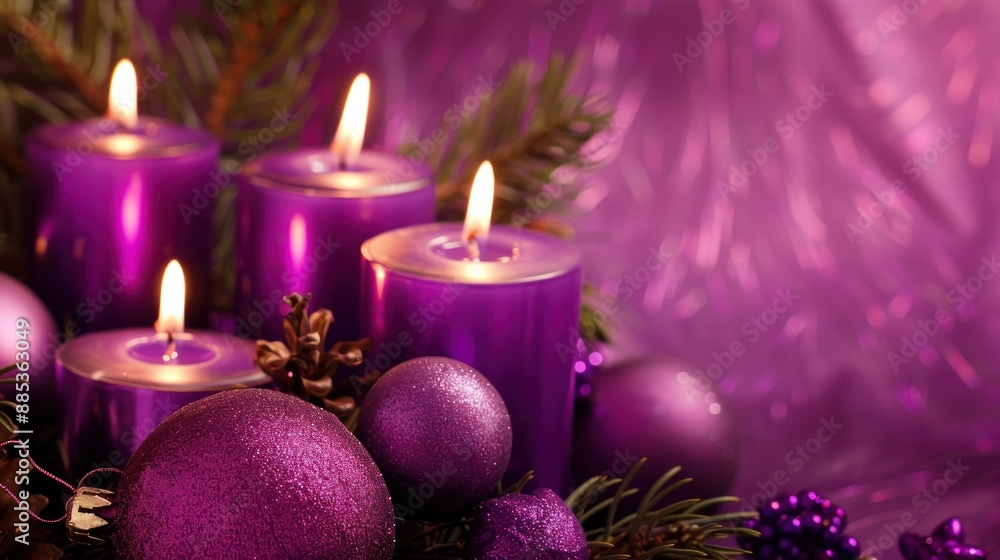 Festive decorations with glowing candles in purple setup Festive decorations with glowing candles in purple setup