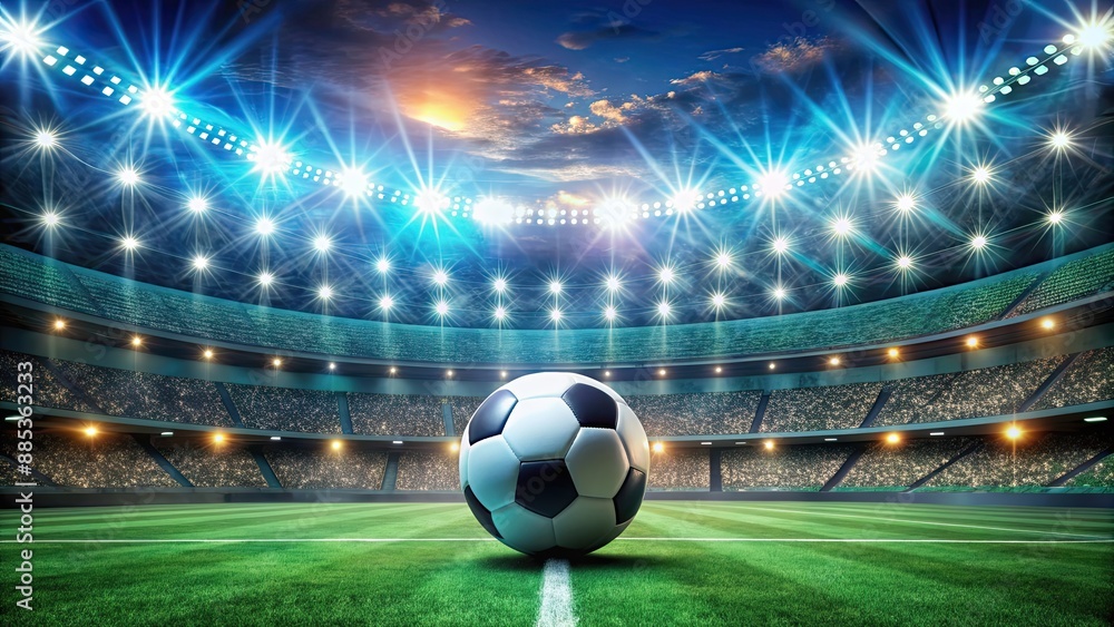 Obraz premium Vibrant soccer arena with flashing lights and a soccer ball in the foreground, soccer, football, arena, lights, pulse, pitch