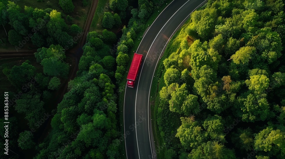 Aerial View of a Red Truck Traveling Through a Curved Forest Road Aerial View of a Red Truck Traveling Through a Curved Forest Road