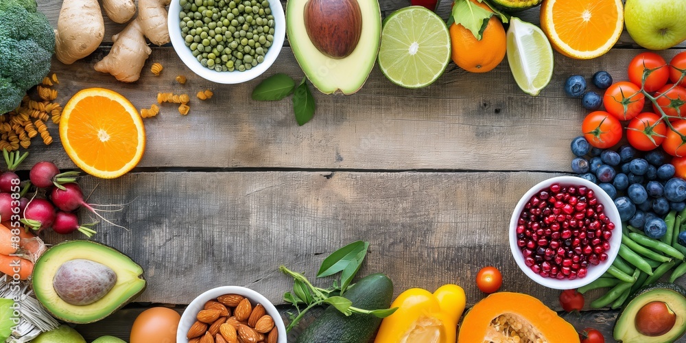 An assortment of fresh vegetables including peppers and tomatoes on a wooden table, representing healthy eating. An assortment of fresh vegetables including peppers and tomatoes on a wooden table, representing healthy eating.