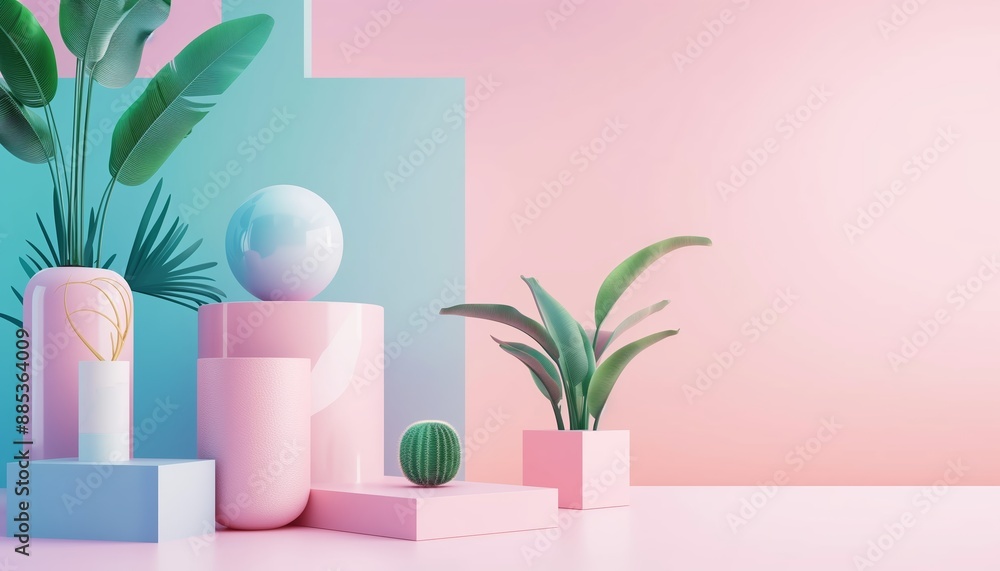A colorful scene featuring various plants and geometric shapes against a pastel background, blending nature and art. A colorful scene featuring various plants and geometric shapes against a pastel background, blending nature and art.