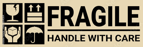 sticker fragile handle with care, black and brown fragile warning label, fragile label with broken glass symbol, vector asset. cardboard color