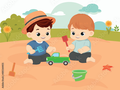 kids children boys playing in sandbox playground vector illustration