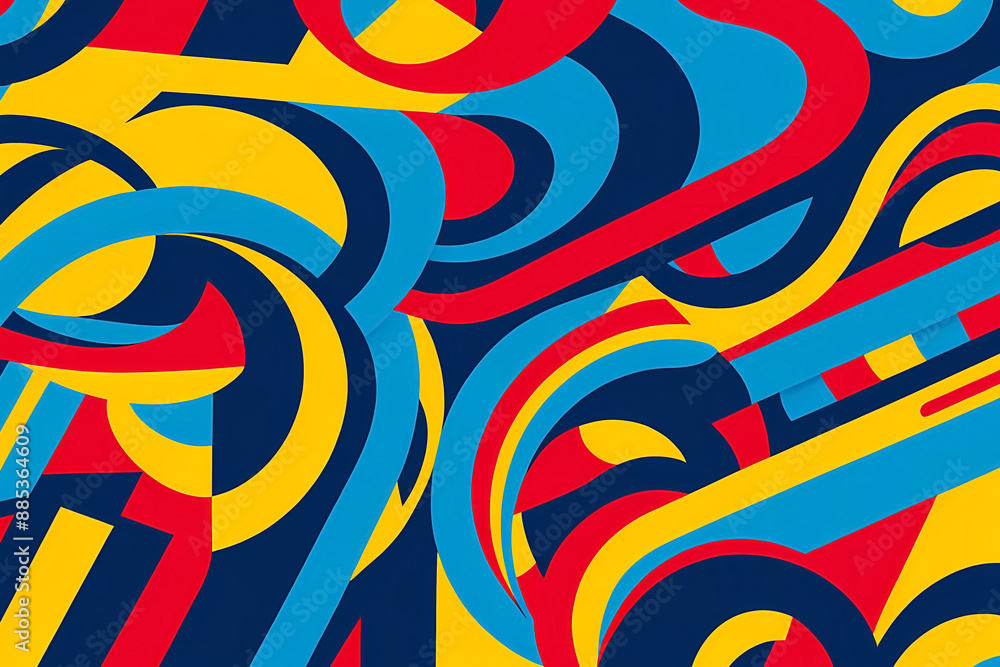 Illustration background of vibrant intertwined shapes in primary colors of red, blue, and yellow, featuring bold lines and dynamic abstract design Illustration background of vibrant intertwined shapes in primary colors of red, blue, and yellow, featuring bold lines and dynamic abstract design
