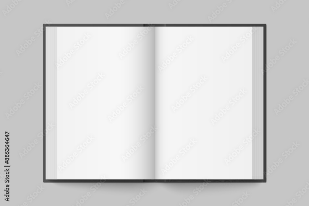 Vector mockup of hardcover vertical book spread with black cover isolated. Realistic book, brochure or booklet template opened on white background. 3d illustration. Vector mockup of hardcover vertical book spread with black cover isolated. Realistic book, brochure or booklet template opened on white background. 3d illustration.