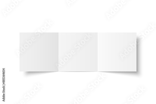 Vector white blank square three panel roll fold opened on white background. Trifold, leaflet, brochure, booklet, flyer or invitation card mockup. Mock up front side isolated. 3D illustration