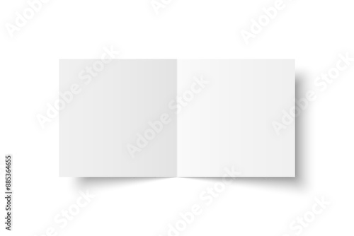Vector white blank square bi fold opened on white background. Bifold, leaflet, brochure, booklet, flyer or invitation card mockup. Mock up front side isolated. 3D illustration