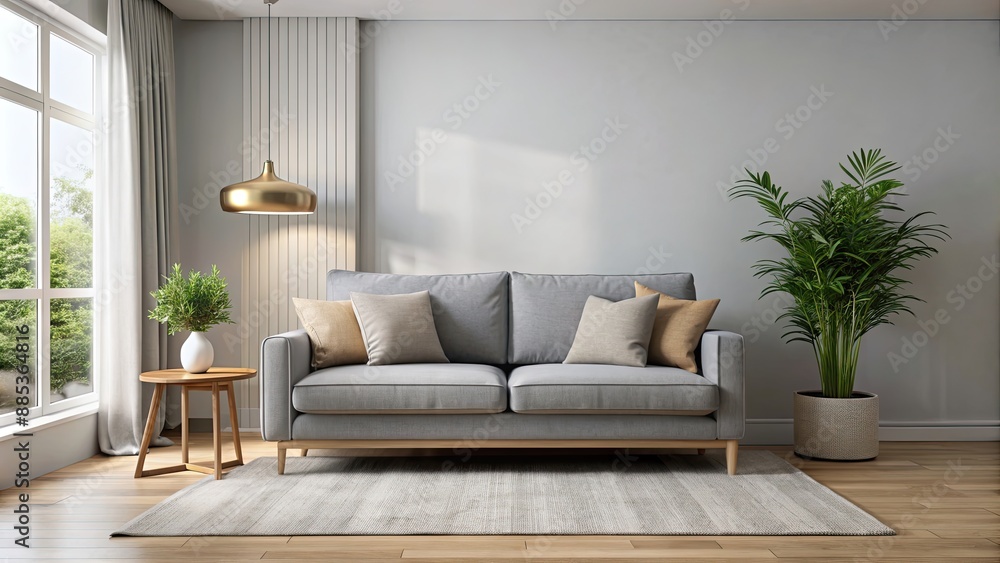 Fototapeta premium Interior of a cozy room featuring a gray sofa, home, living room, furniture, comfortable, modern, design, decor, cozy