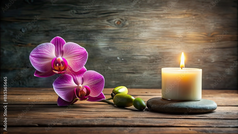 Zen orchid and stone arrangement with candle on wooden surface, Zen, orchid, stone, arrangement, candle, wooden Zen orchid and stone arrangement with candle on wooden surface, Zen, orchid, stone, arrangement, candle, wooden