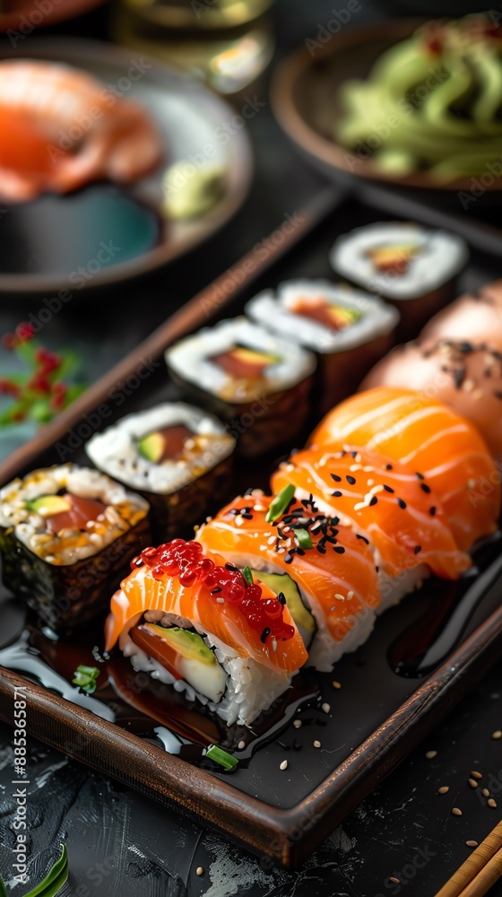 Assorted sushi rolls with soy sauce, food banner, Japanese culinary art Assorted sushi rolls with soy sauce, food banner, Japanese culinary art