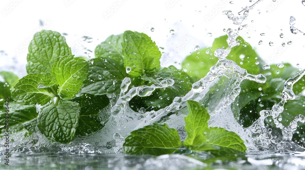 Fresh green mint leaves splashing with water, cut out Fresh green mint leaves splashing with water, cut out