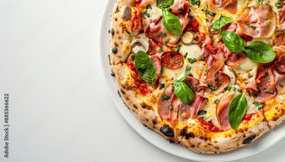 Scrumptious Italian pizza with ham mushrooms basil and mozzarella cheese