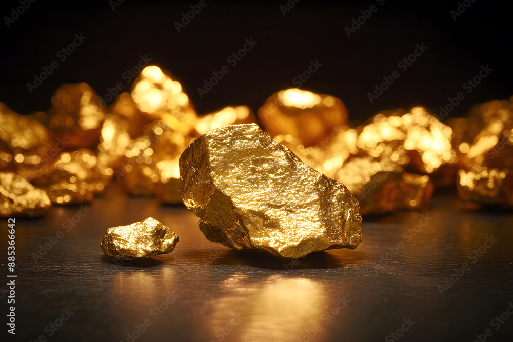 A large gold nugget on the table,surrounded by smaller ones. A large gold nugget on the table,surrounded by smaller ones.