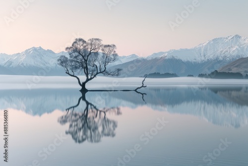 Solitary Tree Reflection on a Misty Lake photo