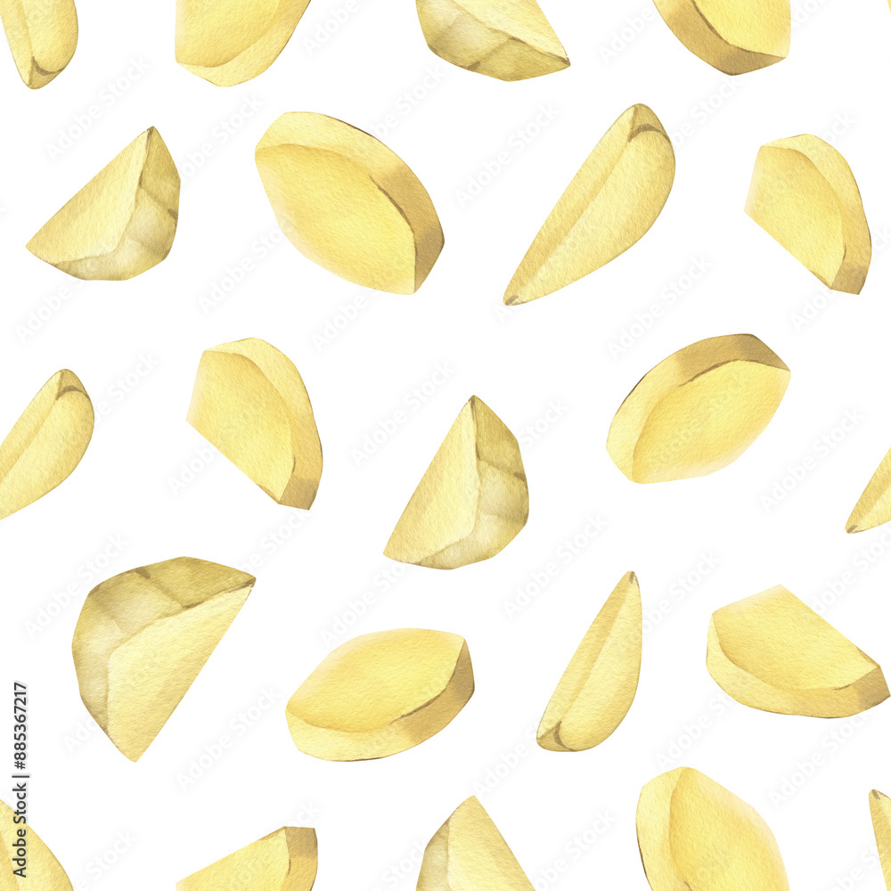 White potatoes, peeled sliced. Watercolor illustration, hand drawn on the theme of harvest, cooking, food, packaging, vegetable shop design. Seamless pattern simple White potatoes, peeled sliced. Watercolor illustration, hand drawn on the theme of harvest, cooking, food, packaging, vegetable shop design. Seamless pattern simple
