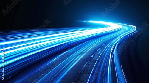 Bright blue light trails curve dynamically against a dark background, creating a sense of speed and motion.