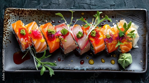 Scrumptious sushi rolls with fresh salmon tuna and avocado garnished with microgreens and served on a black plate photo