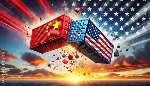 China and USA trade war. US of America and Chinese flags containers crashed on sky photo