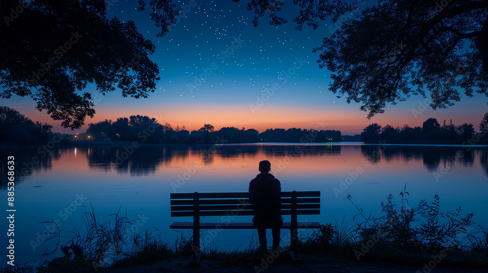 Serene Lake Sunset with Silhouetted Person on Bench Background Wallpaper Serene Lake Sunset with Silhouetted Person on Bench Background Wallpaper