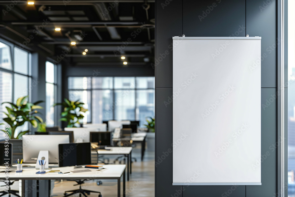 white vertical canvas mockup in an open space office with desks and computers, white vertical canvas mockup in an open space office with desks and computers,