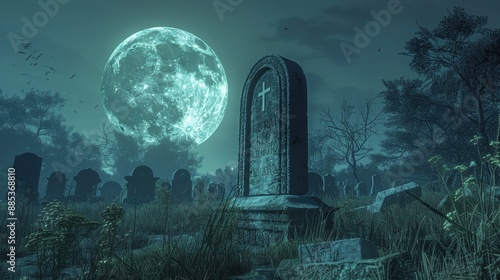 A creepy graveyard with old tombstones and a full moon in the background