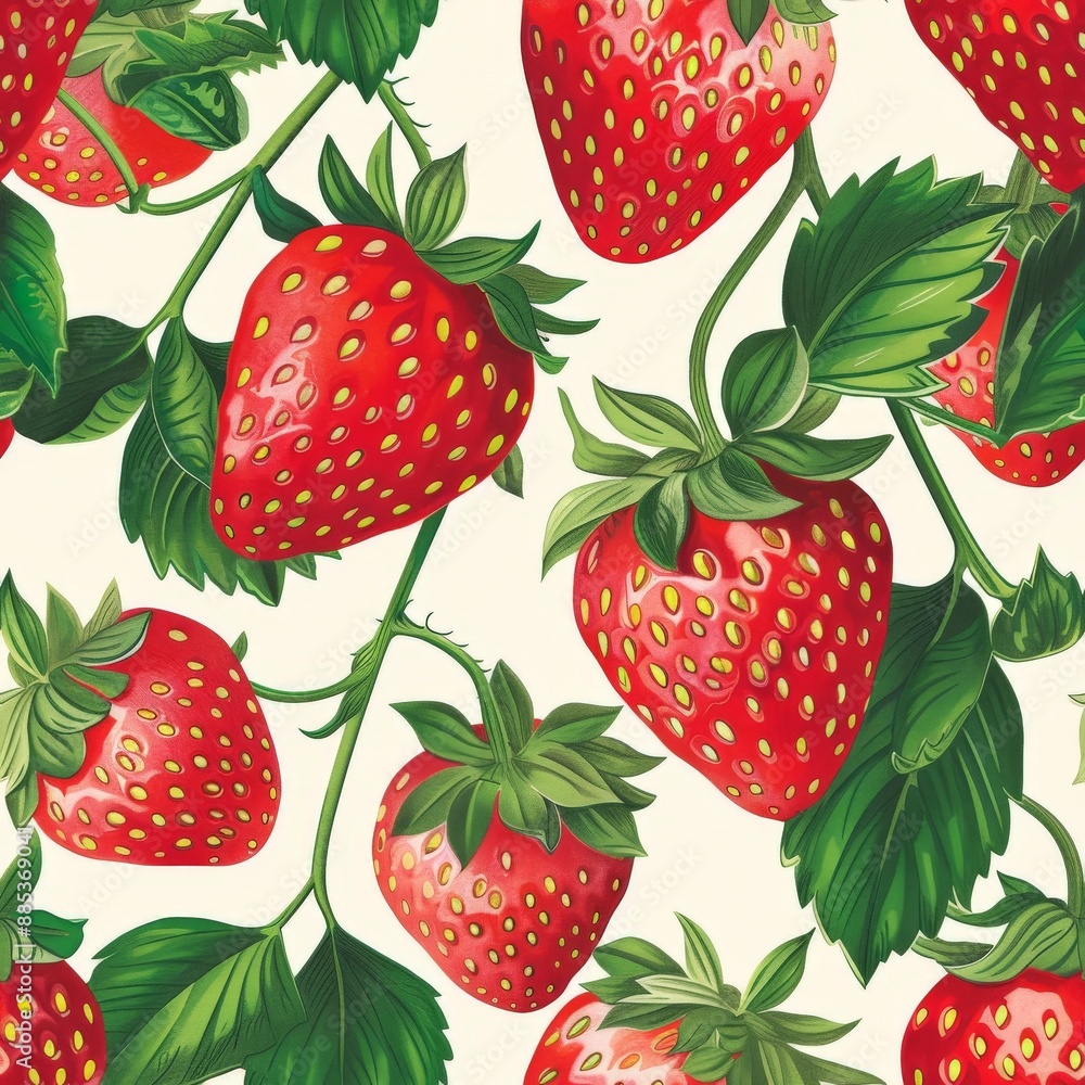 Seamless pattern of ripe red strawberries with green leaves on a white background Seamless pattern of ripe red strawberries with green leaves on a white background