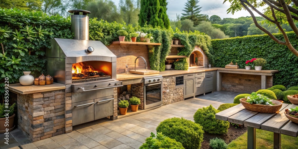 Obraz premium Outdoor kitchen with grill, smoker, and pizza oven in a lush garden setting, perfect for al fresco dining, outdoor, kitchen