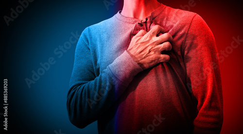 Fotografi Chest pain and stressful panic attack medical issue concept as a symbol for angina or blocked blood flow resulting in a heart attack or Myocardial Infarction or Pulmonary Embolism