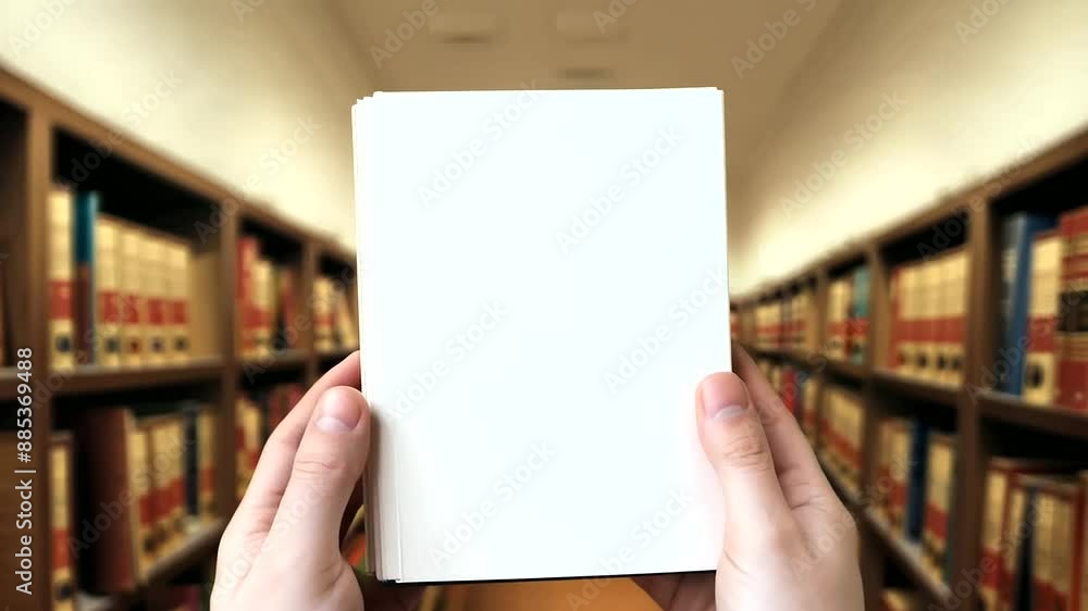 Blank Empty White Book Cover Mockup Held in hands in a Library Blank Empty White Book Cover Mockup Held in hands in a Library