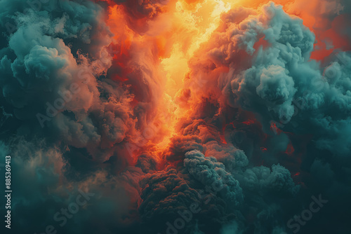 The powerful smoke is a fiery mix of red, yellow, and orange, like a volcanic eruption.