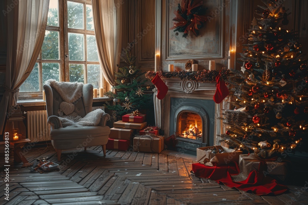 Obraz premium Cozy Christmas Living Room with Fireplace, Candles, Indoor Tree with Lights, Beige Curtains, Red Stockings on Sofa, and Presents on Wooden Flooring