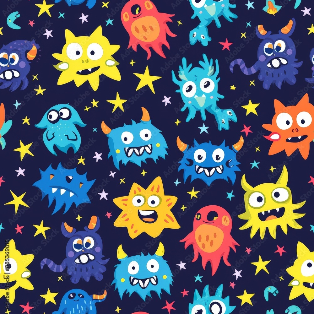 Fototapeta premium Seamless pattern of colorful cartoon monsters and aliens on a dark blue background with stars.