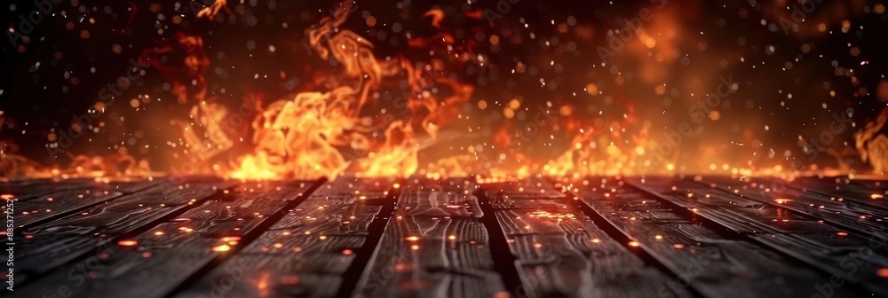 Flames and Sparking Embers on Wooden Planks Flames and Sparking Embers on Wooden Planks