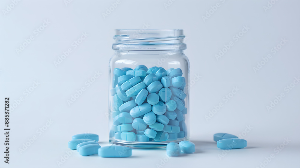 blue pills in clear jar isolated on clear white background blue pills in clear jar isolated on clear white background