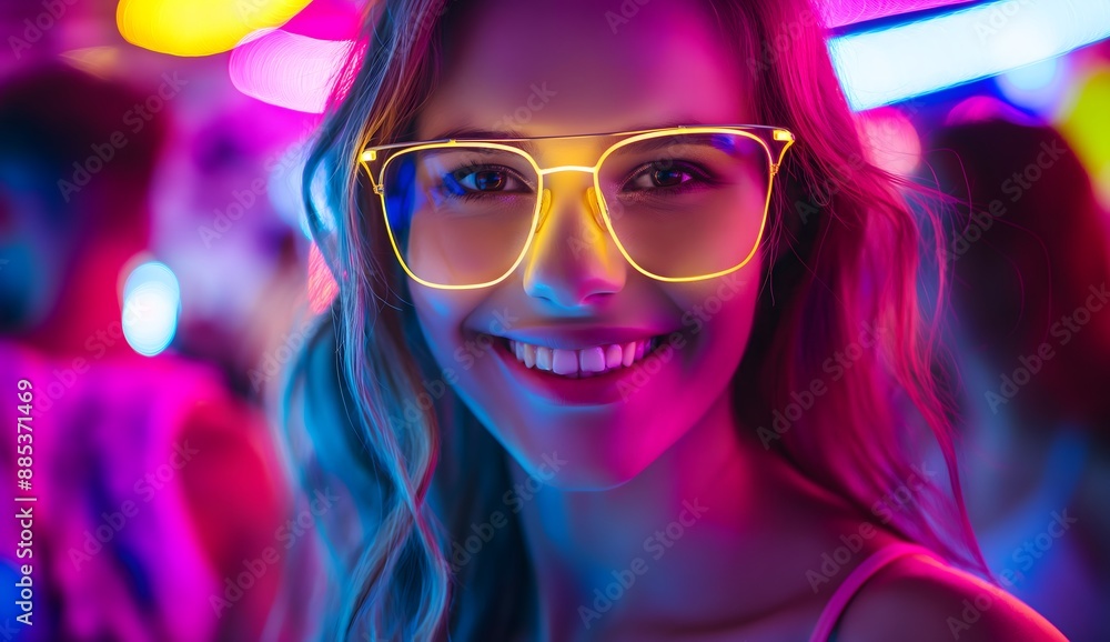 Portrait of happy woman in neon glasses against night club background, beautiful young girl with perfect smile and teeth, dancing people blurred on the backround, commercial photo, rule composition Portrait of happy woman in neon glasses against night club background, beautiful young girl with perfect smile and teeth, dancing people blurred on the backround, commercial photo, rule composition