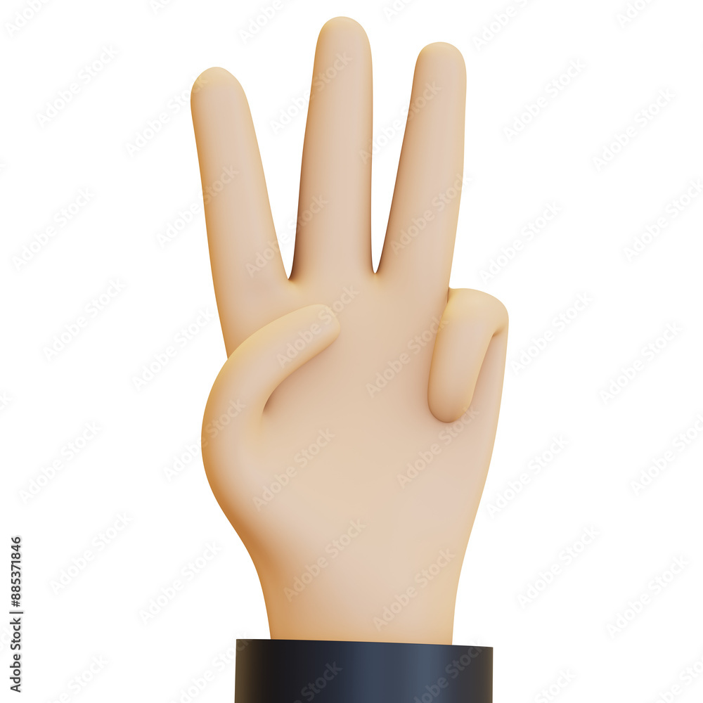 Obraz premium A hand making a number three gesture, with the index, middle, and ring fingers extended. 3D render illustration in cartoon style. Transparent background, isolation.