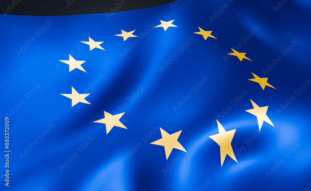 Flag of the European Union, shiny cloth. Banner, symbol, country, nation, election, government, politics and society, travel, tourism. 3D illustration Flag of the European Union, shiny cloth. Banner, symbol, country, nation, election, government, politics and society, travel, tourism. 3D illustration