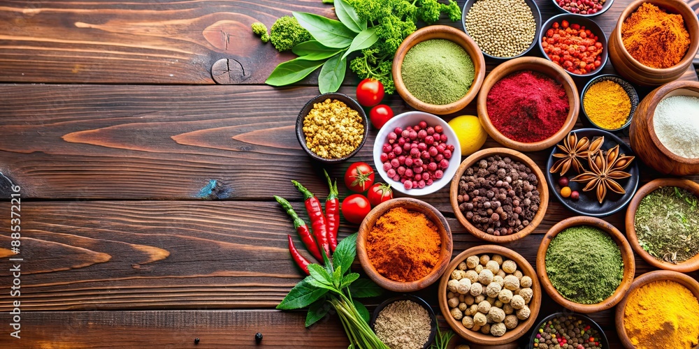 Variety of colorful spices and herbs on wooden table , flavor, seasoning, cooking, ingredients, culinary Variety of colorful spices and herbs on wooden table , flavor, seasoning, cooking, ingredients, culinary