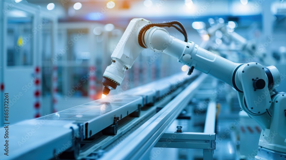Obraz premium Automated assembly line, industrial robots, precision manufacturing, sleek modern factory, high-tech production