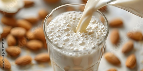 Closeup of almond milk pouring into glass against white background with swirls. Concept Food Photography, Almond Milk Pouring, Close-up Shot, White Background, Swirls photo