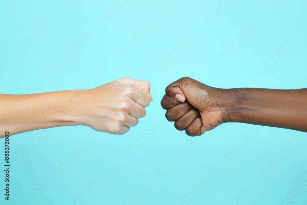 Woman and African American woman making fist bump on light blue background, closeup Woman and African American woman making fist bump on light blue background, closeup