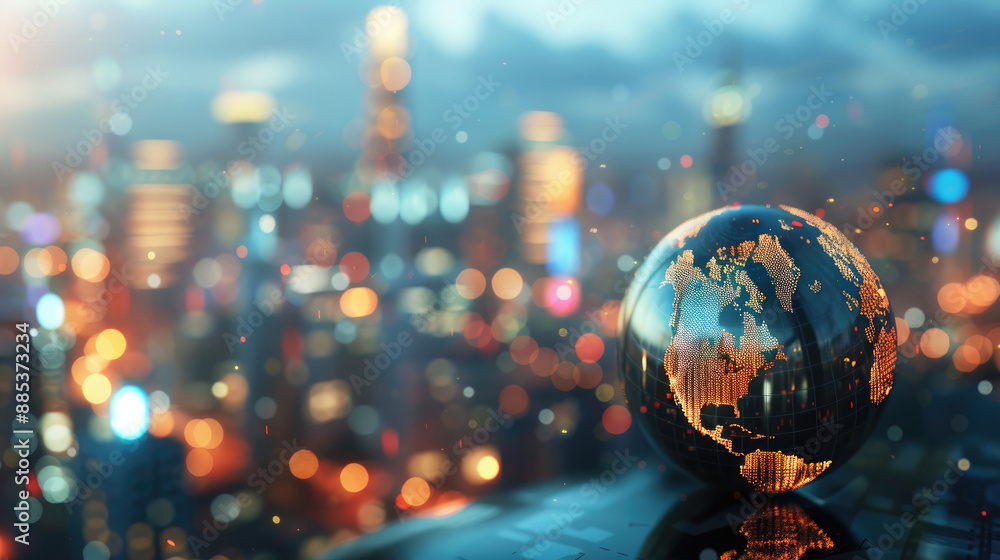 City Skyline with Digital Globe in Foreground City Skyline with Digital Globe in Foreground