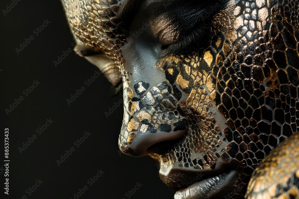 Obraz premium woman face with snake skin texture Isolated on black background