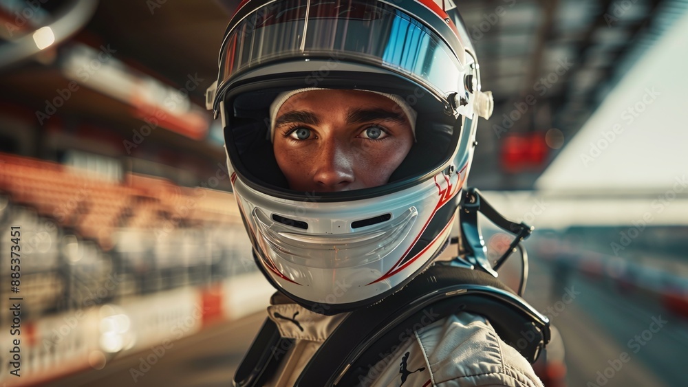 Male Racer in Racing Suit and Helmet Standing Confidently on Track Stadium - Close-Up Shot Highlighting Helmet Visor and Detailed Racing Suit Design Male Racer in Racing Suit and Helmet Standing Confidently on Track Stadium - Close-Up Shot Highlighting Helmet Visor and Detailed Racing Suit Design
