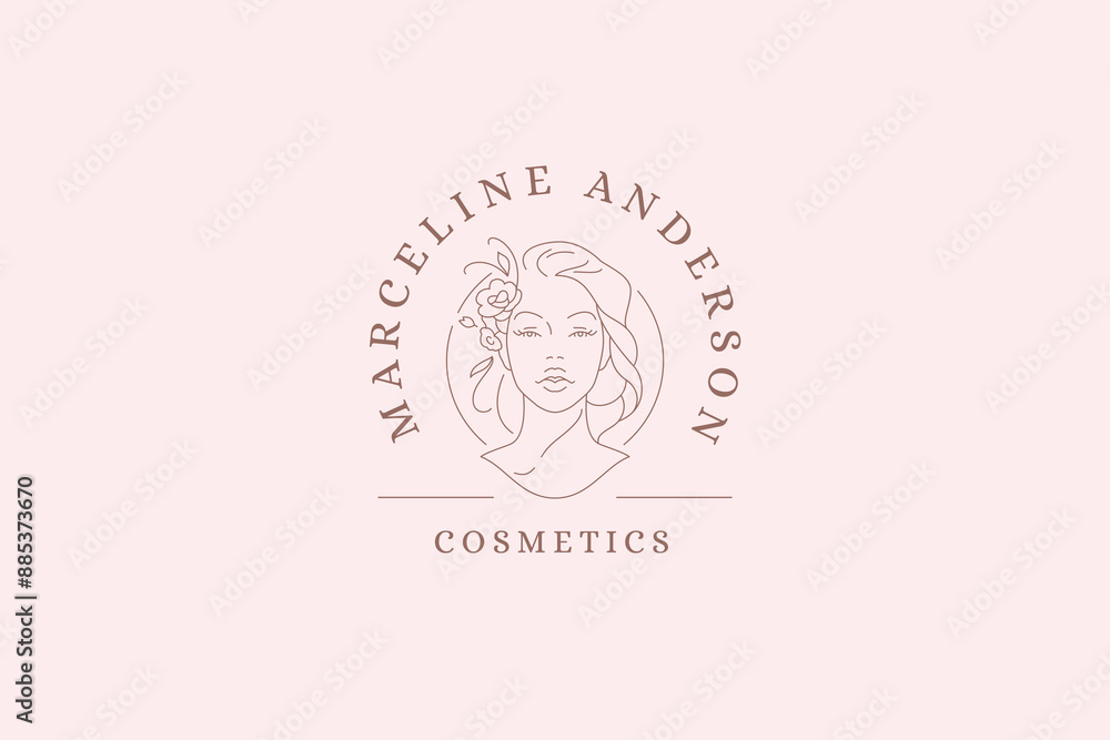 Obraz premium Botanical feminine woman portrait with flower line logo design template vector illustration