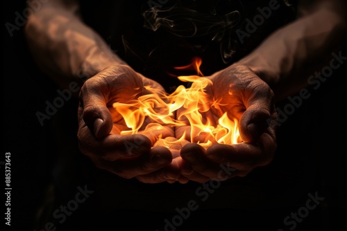 Hands holding a blazing fire in a dark background. Conceptual and symbolic. Perfect for creative projects, stimulating emotions, and abstract designs. Dark and dramatic style. Generative AI