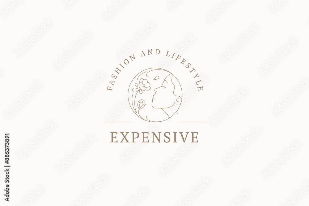 Fototapeta premium Romantic woman face with flower outline logo design template for beauty brand vector illustration