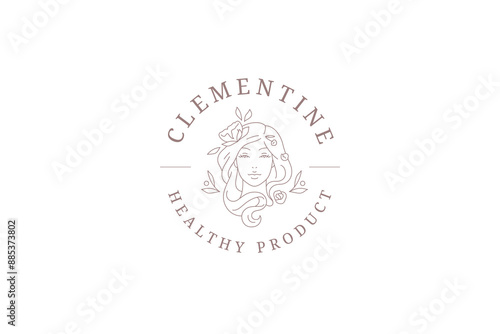 Botanical blossom young woman face circle outline logo design template vector illustration