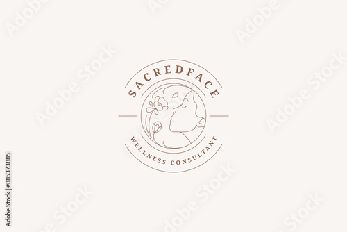 Beautiful woman with wildflower circle line logo design template vector illustration