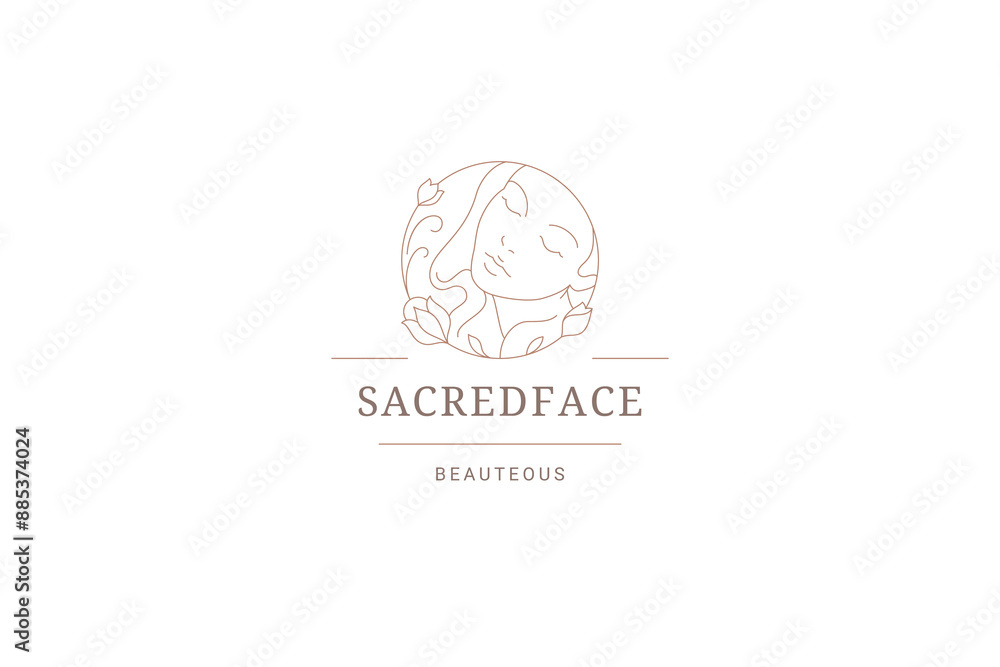 Romantic gentle woman face with blossom flower circle line logo design template vector illustration Romantic gentle woman face with blossom flower circle line logo design template vector illustration